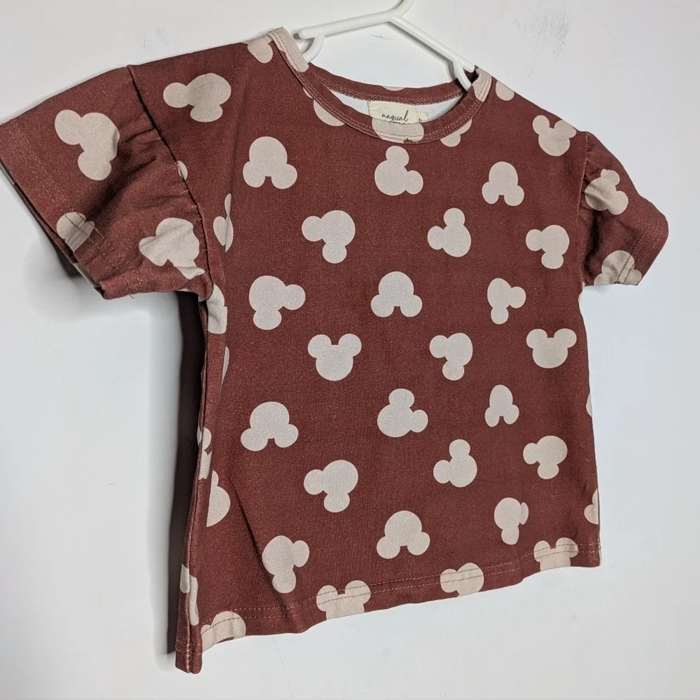 Magical Mamas Brown & Off White Mickey Mouse T-shirt & Pant Set In 3T
